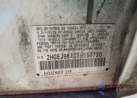 1996 Honda Civic Ex z USA, uszkodzony, nr VIN 2HGEJ8640TH554720